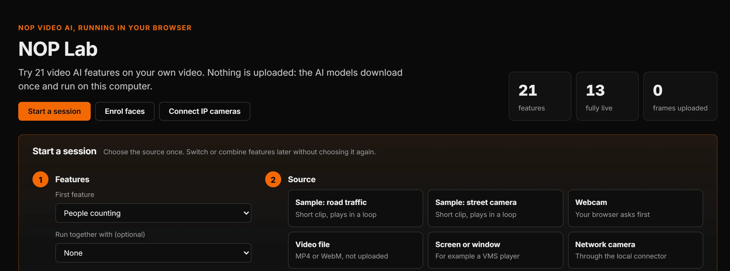 The NOP Lab home screen. It shows 21 features, 13 fully live, and the choice of a video source to start a session.